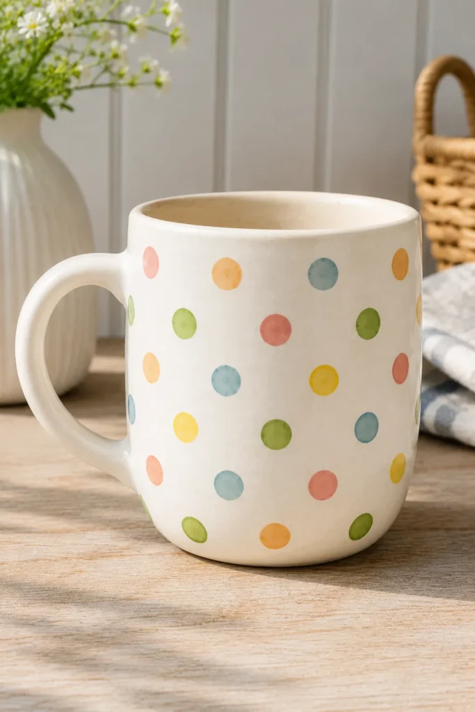 White mug painted with pastel polka dots