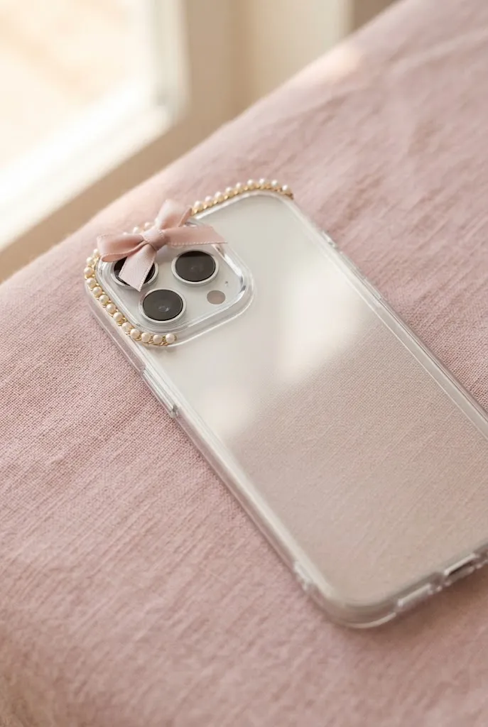 Clear phone case with coquette bow and pearl trim design