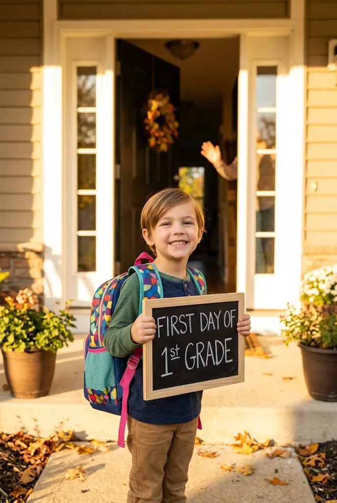 Child ready for first day of school morning