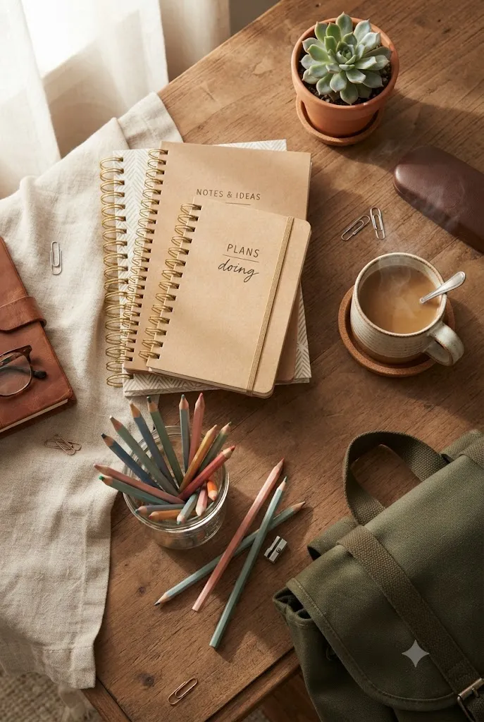 Flat lay of back to school supplies and essentials on a wooden table