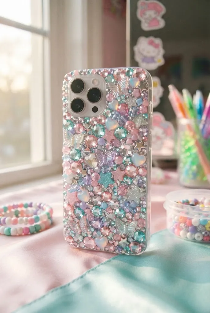 Colorful Y2K bedazzled phone case with butterfly charms.