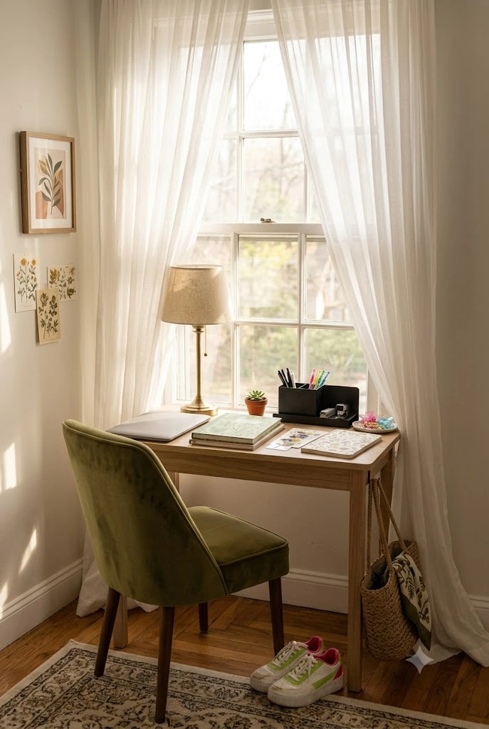 Window nook study space idea with natural light desk setup