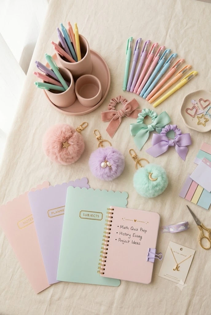 Pastel soft girl back to school aesthetic supplies