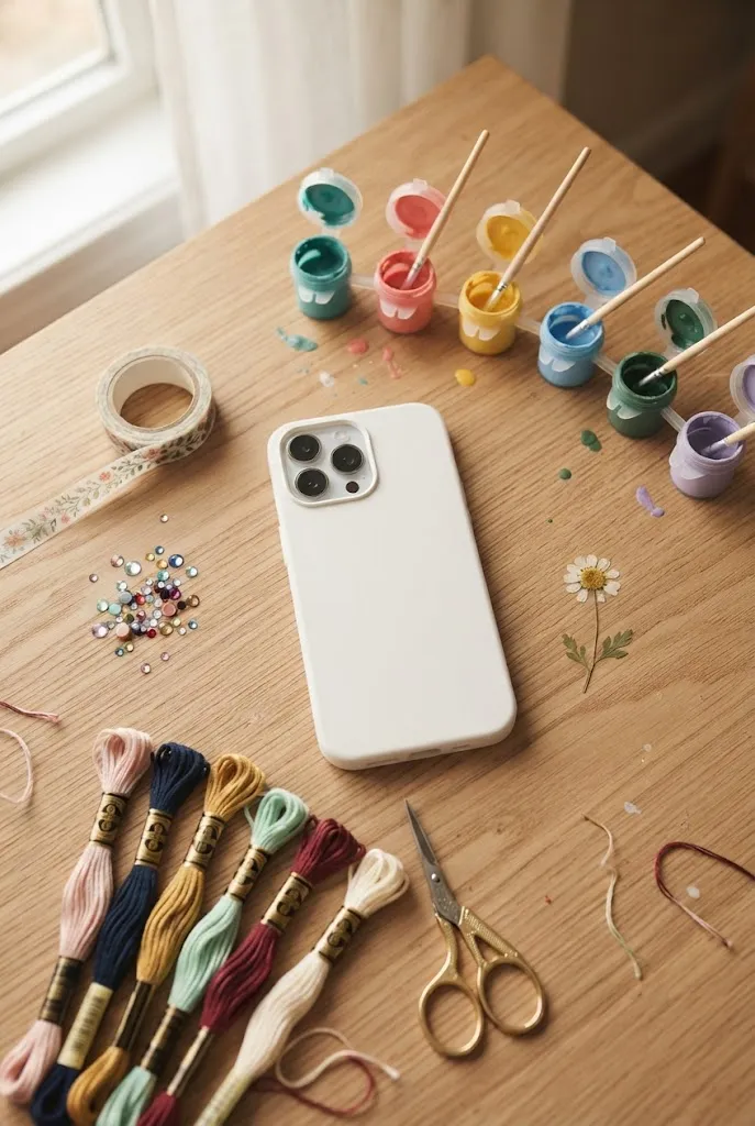 DIY phone case supplies with paint, tape, and embellishments