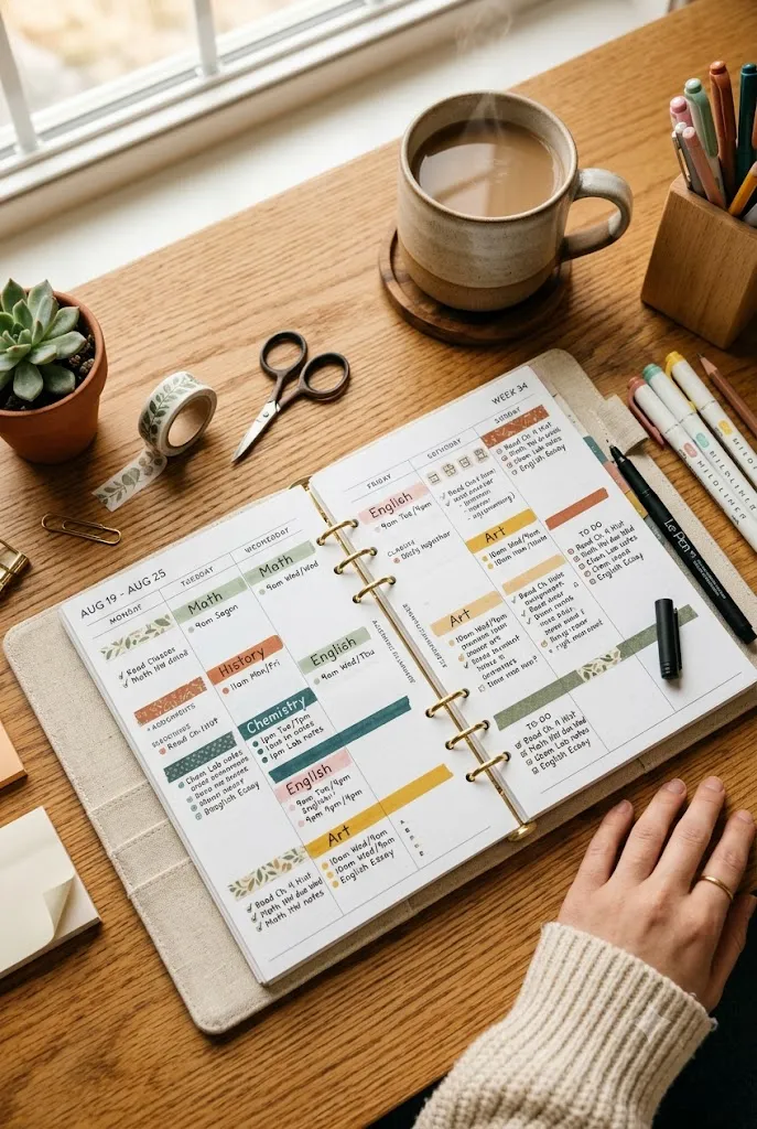 Student planner ideas weekly spread flat lay