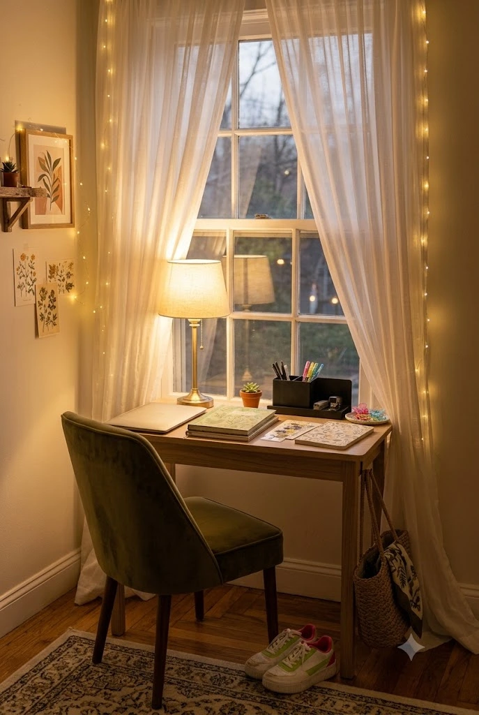 Layered warm lighting ideas for a cozy study desk