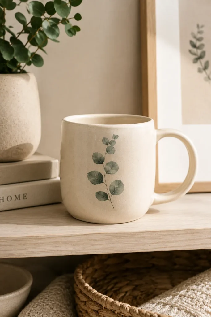 Mug painted with a small eucalyptus sprig design