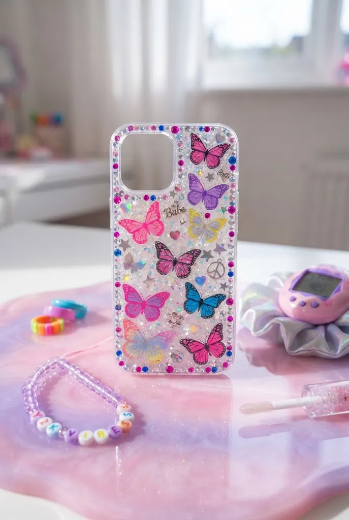 Glittery Y2K phone case with butterfly decorations.
