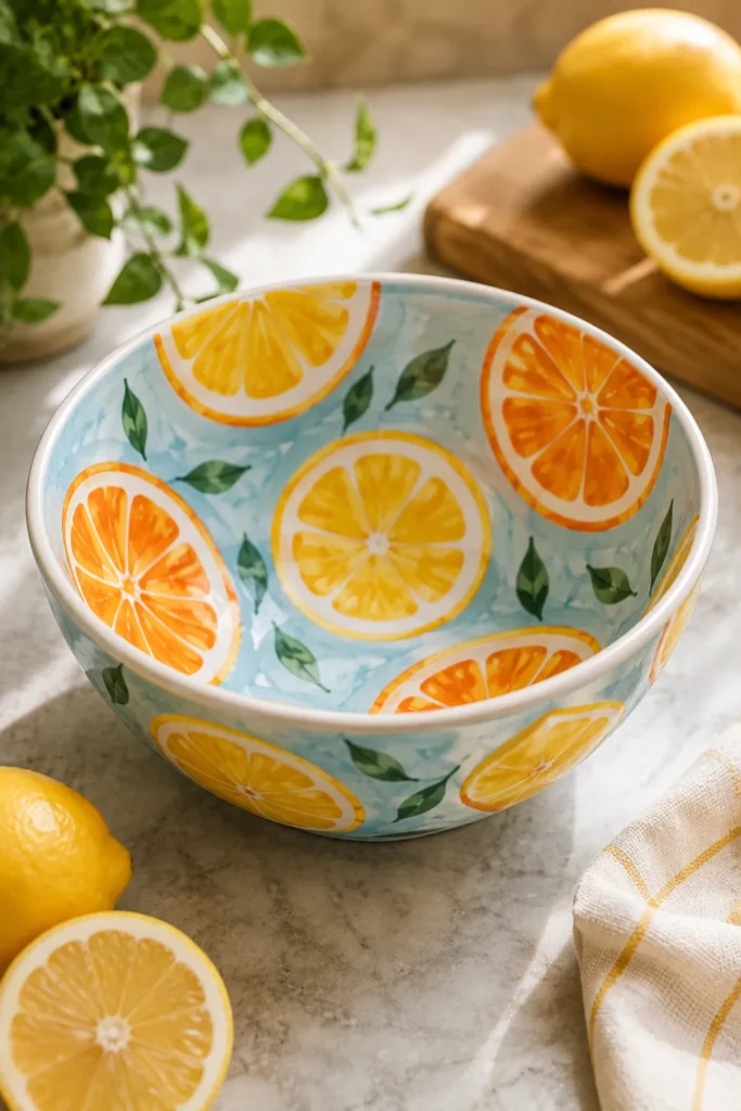  Ceramic bowl hand painted with citrus slice design