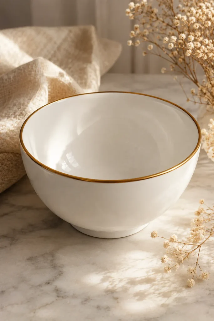 [IMAGE HERE"""|||||||222@@@#@@!@##$$%###]
Alt Text: White ceramic bowl with painted gold metallic rim