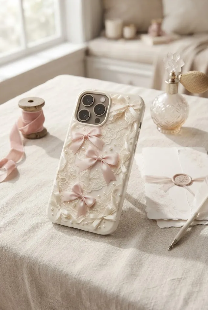 Coquette bow and lace aesthetic phone case.