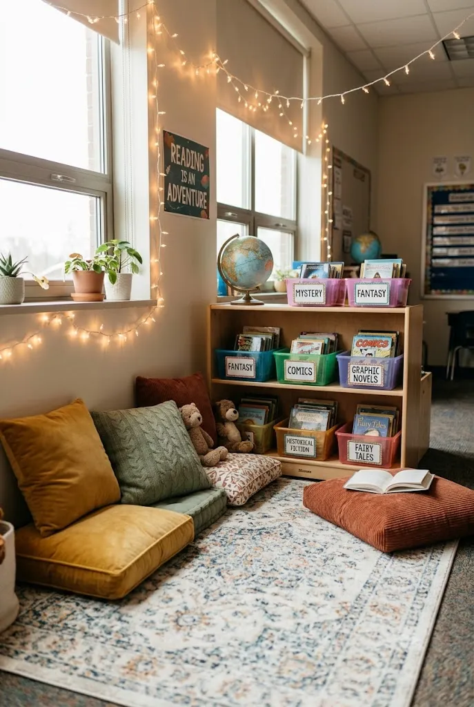 Cozy classroom reading corner with book bins