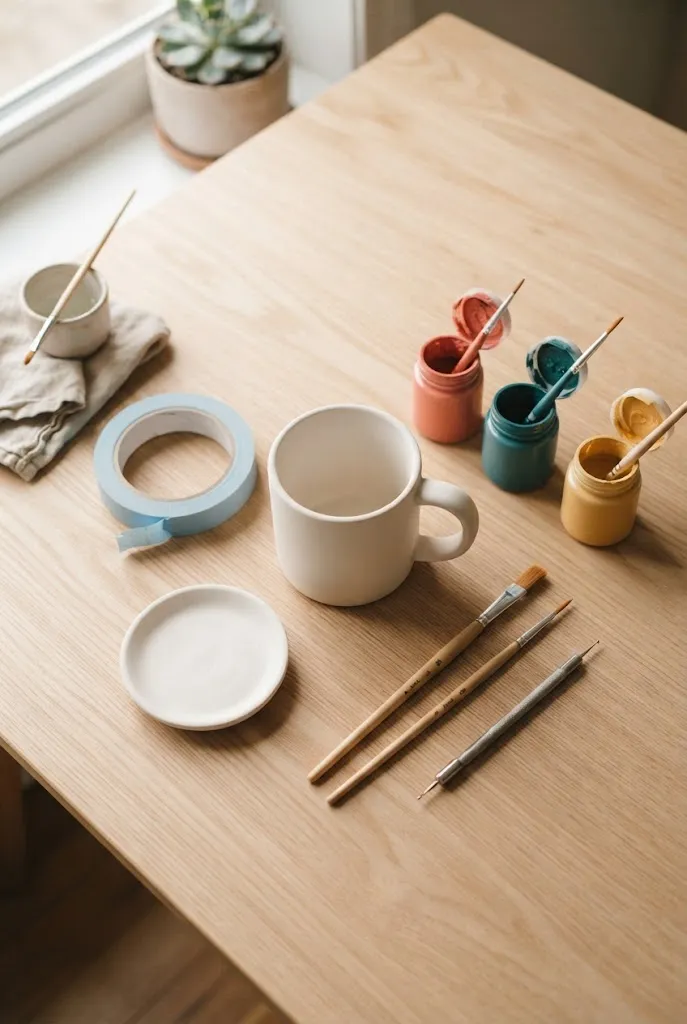 Beginner pottery painting supplies with tape and paint