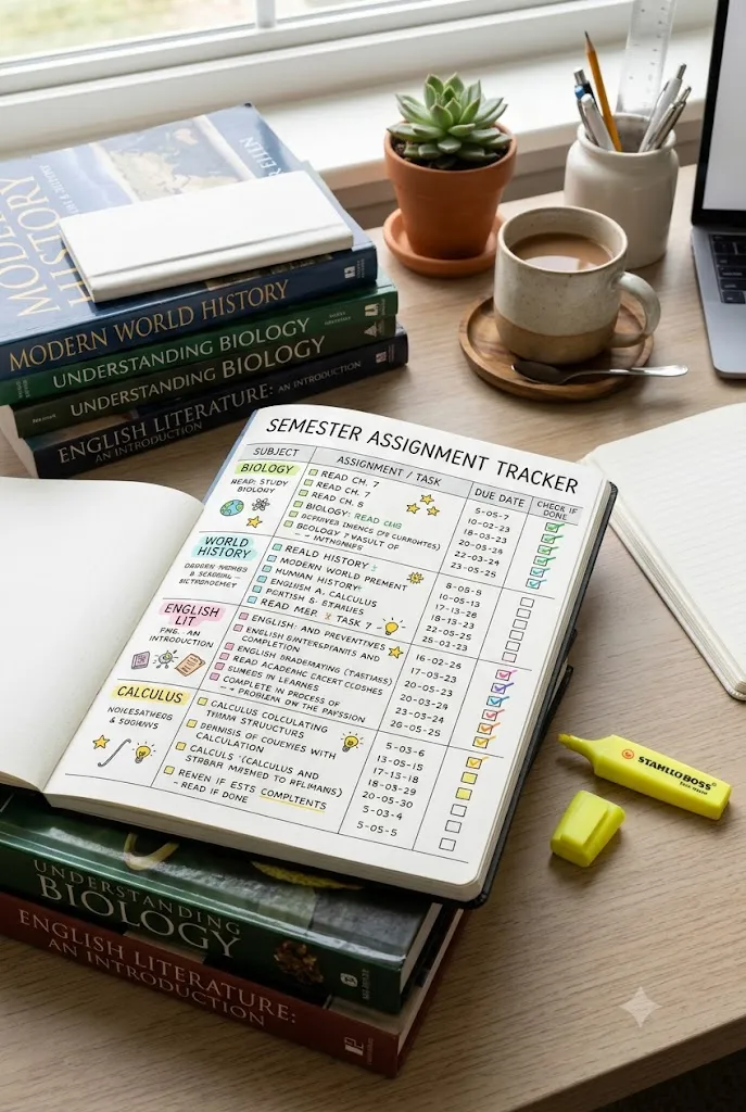 Subject assignment tracker planner page
