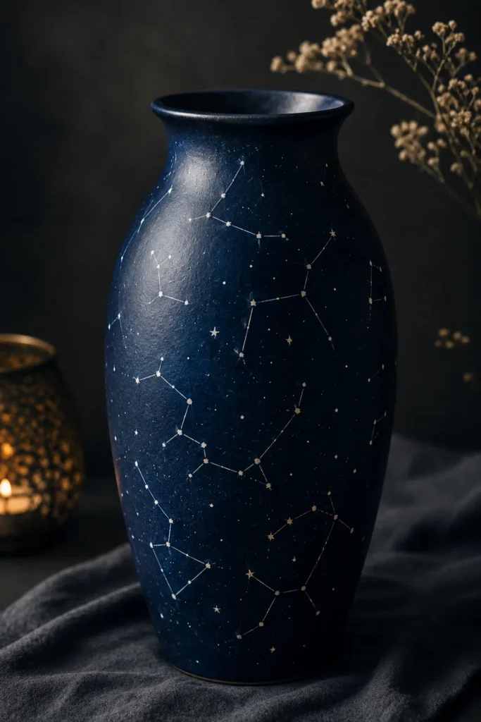 Navy vase painted with constellation night sky design