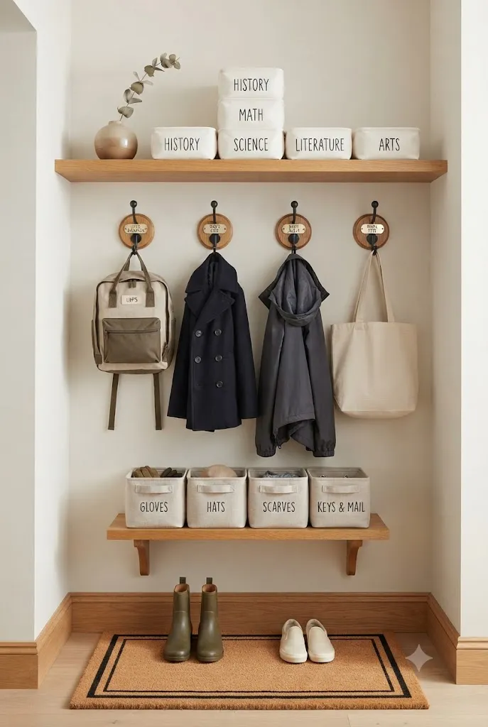 Organized entryway station with backpack hooks and labeled bins