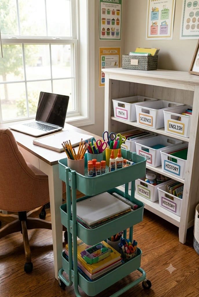 Rolling supply caddy and labeled bins for school supplies