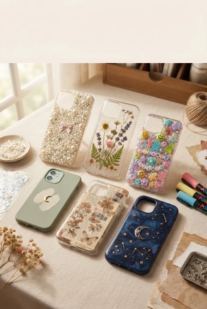Collection of colorful aesthetic DIY phone cases in different styles