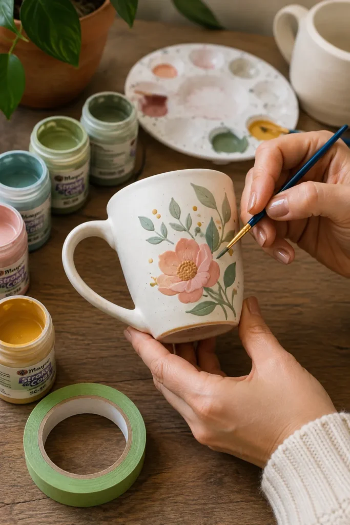 Beginner ceramic paint and brush tools for mug painting