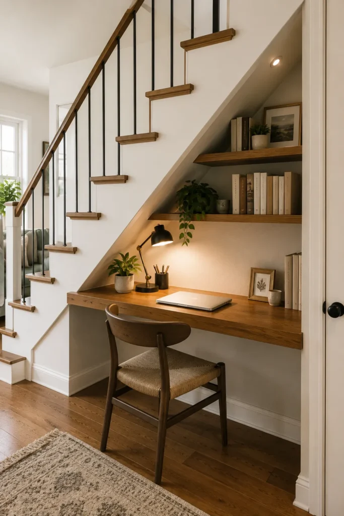 Under the stairs study nook with built-in desk and shelves
