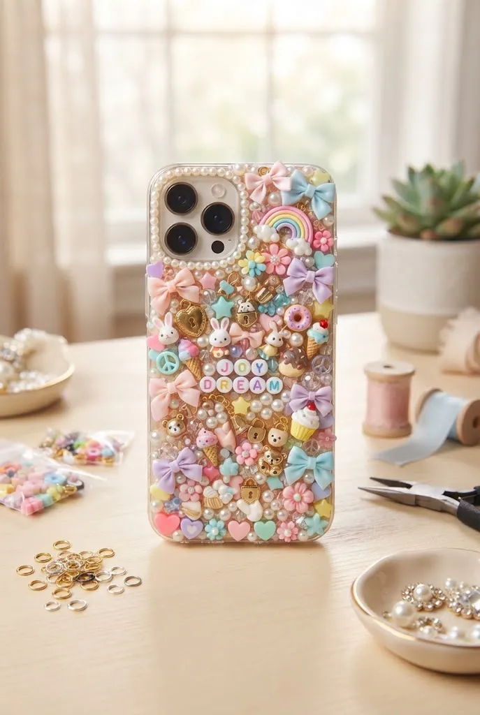 Maximalist DIY phone case with tiny charms and decorations.