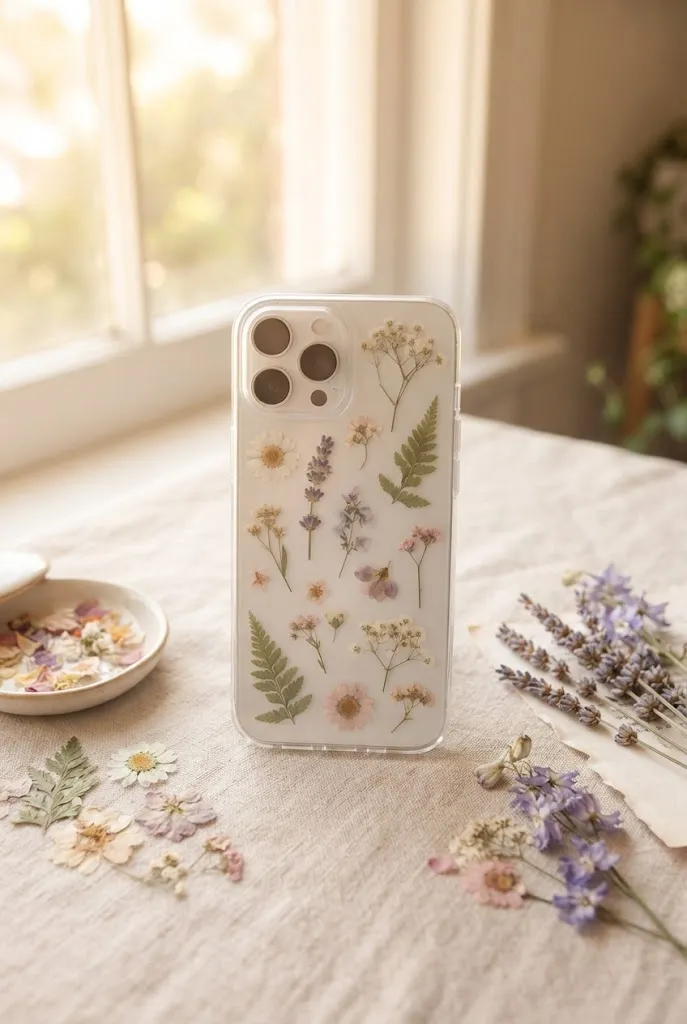 Pressed flower style stickers on clear phone case