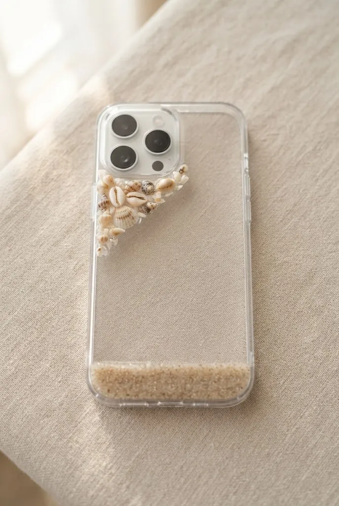 Clear phone case with seashell and sand corner design