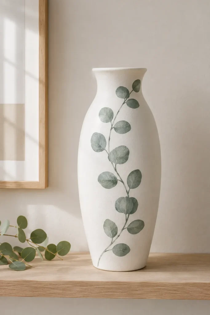 Vase painted with a sage green eucalyptus branch design
