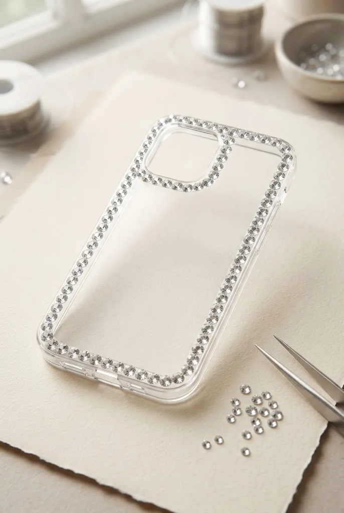 Clear phone case with a simple rhinestone border.