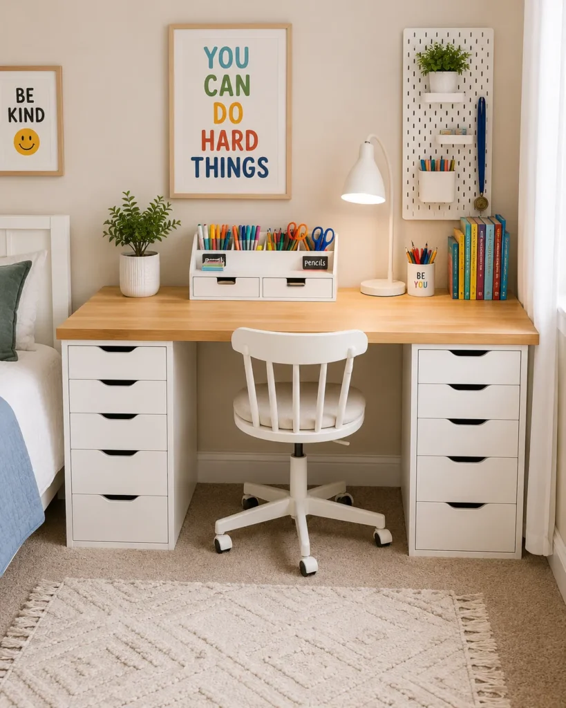 Budget DIY desk built from stacked drawer units and a tabletop
