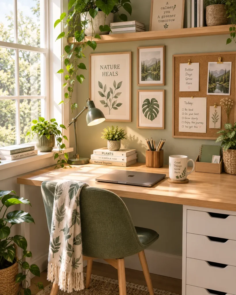 Nature-inspired desk setup with botanical prints and greenery