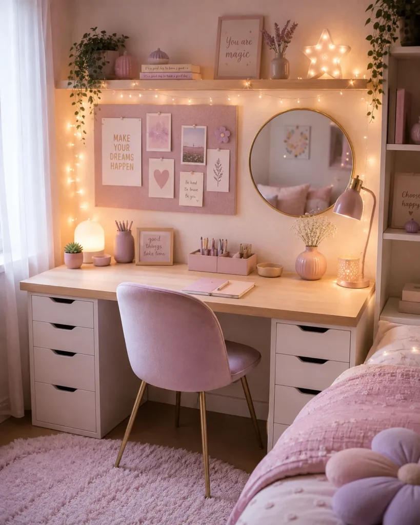 Pastel-themed desk with fairy lights and a bulletin board