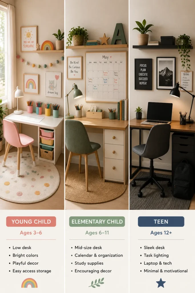 Three desk setups styled for different age groups side by side