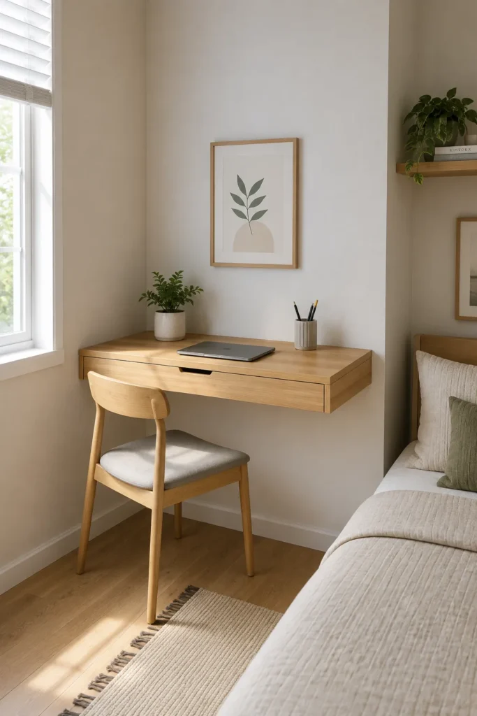 Wall-mounted floating corner desk in a small bedroom