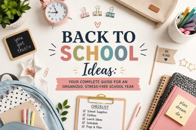 Back to school ideas with a bright desk setup featuring pastel school supplies, notebooks, pens, a backpack, checklist, and cozy organization essentials for a stress-free school year.