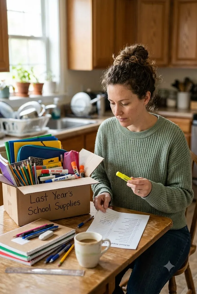 Sorting last year's school supplies before shopping