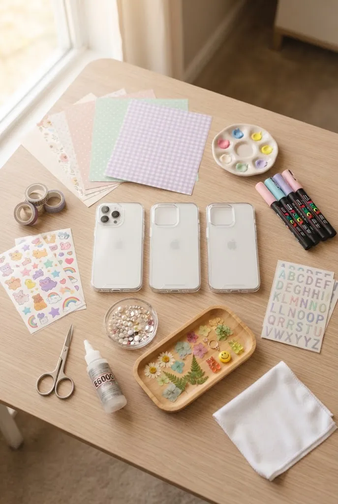DIY phone case supplies arranged on a craft table