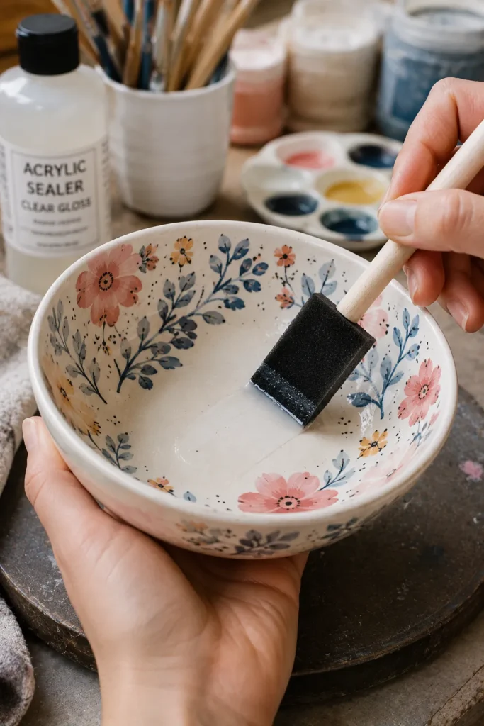 Applying clear sealant coat to a painted ceramic bowl