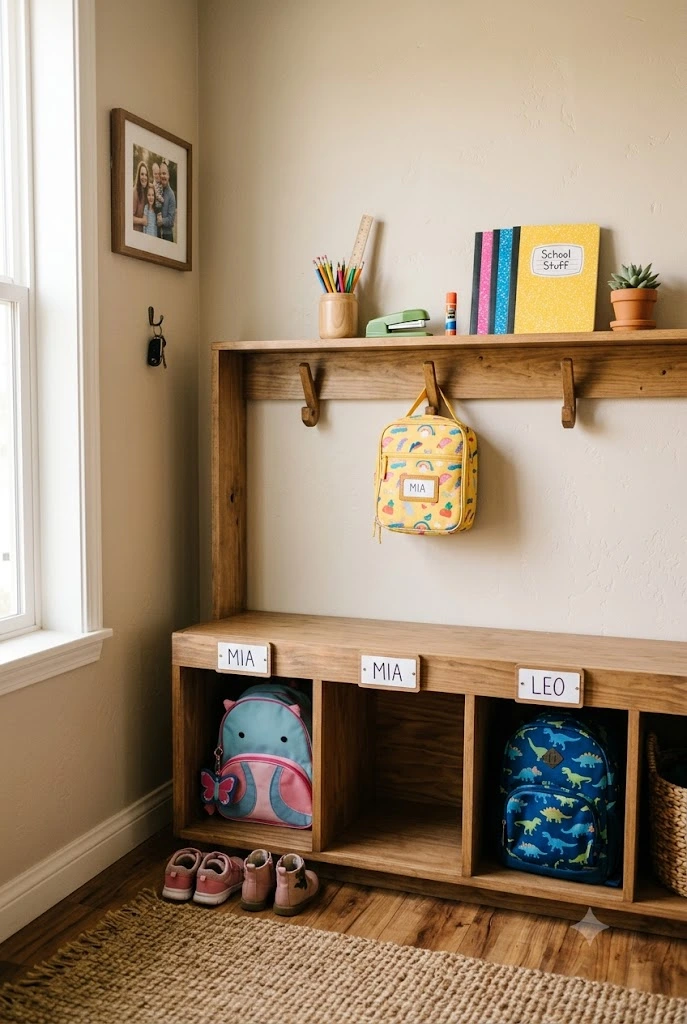 Organized school backpack station at home entryway