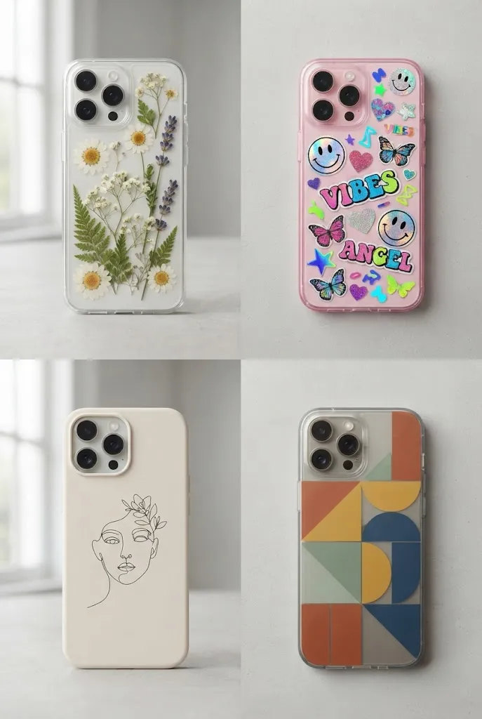 Four phone cases showing different DIY aesthetic styles