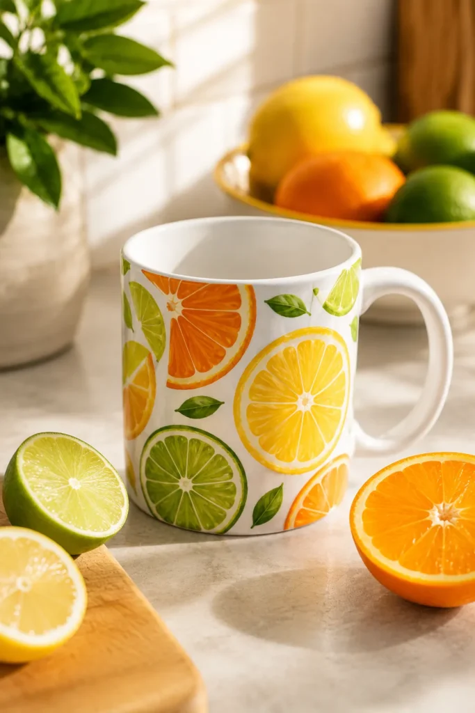 Bright citrus slice painted mug design