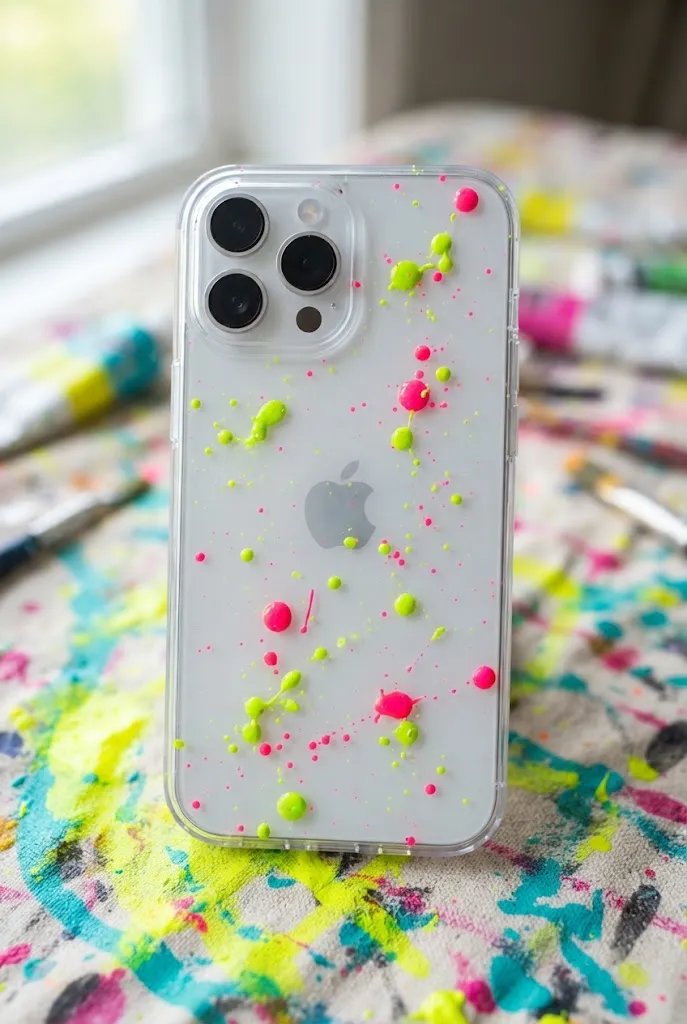 Clear phone case with neon paint splatter design