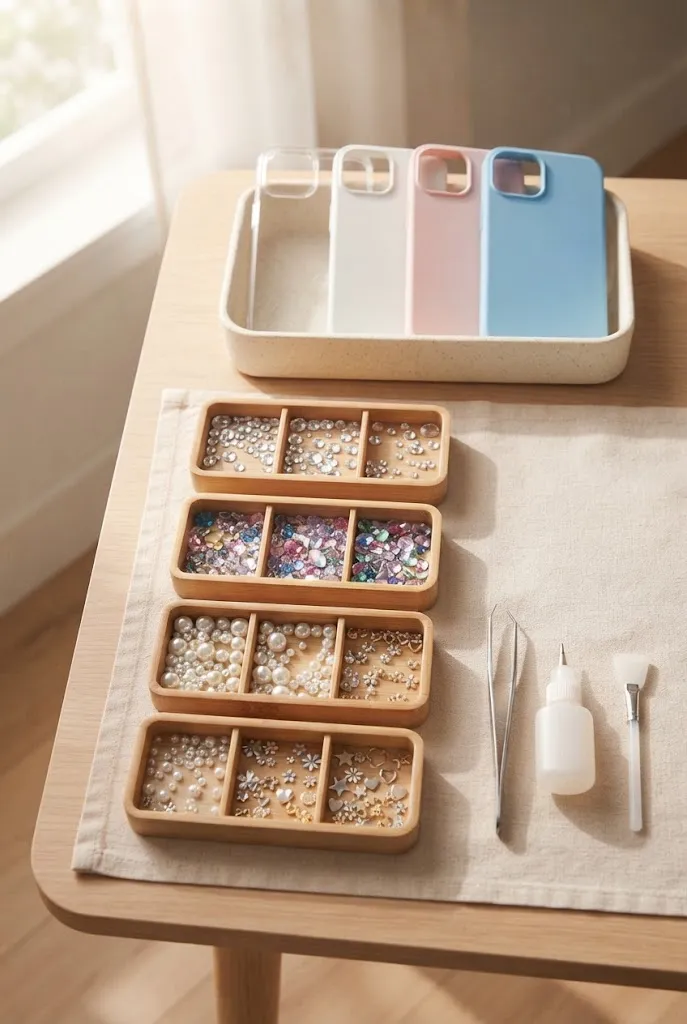 Supplies for making a bedazzled phone case with rhinestones and charms.