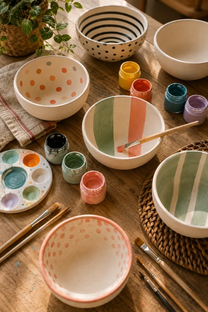 Pottery painting supplies and bowls arranged for a DIY craft session
