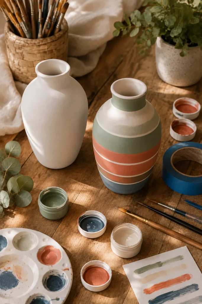 Vase painting supplies and a plain ceramic vase ready to decorate