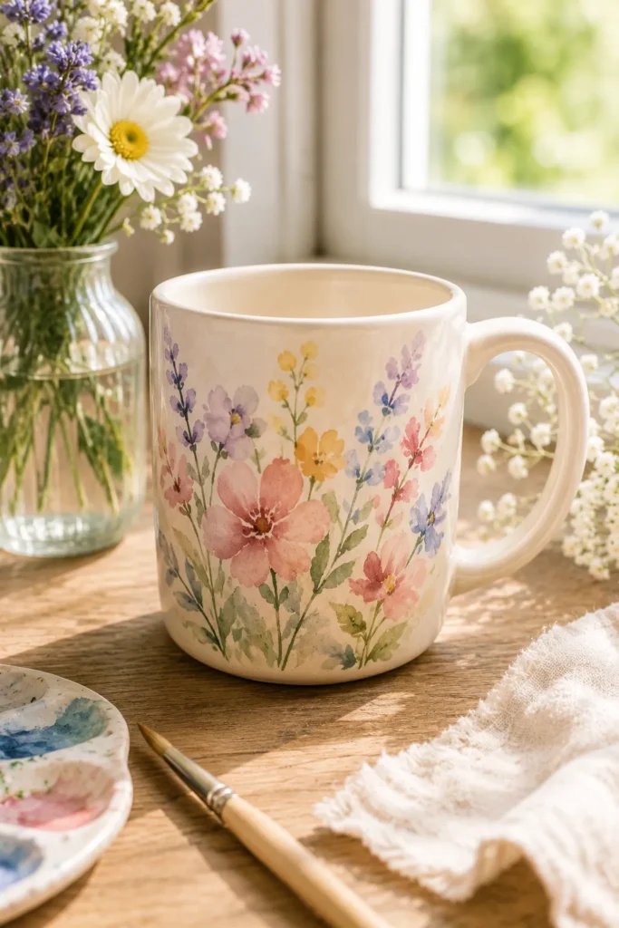 Watercolor wildflower painted pottery mug