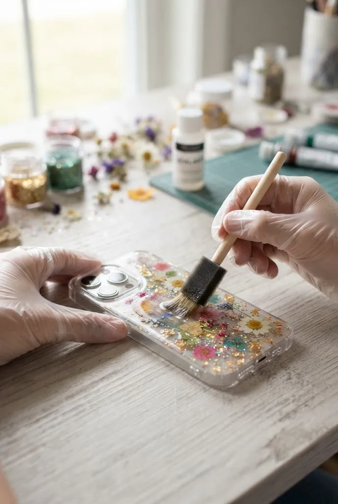 Applying protective sealant to a clear phone case design