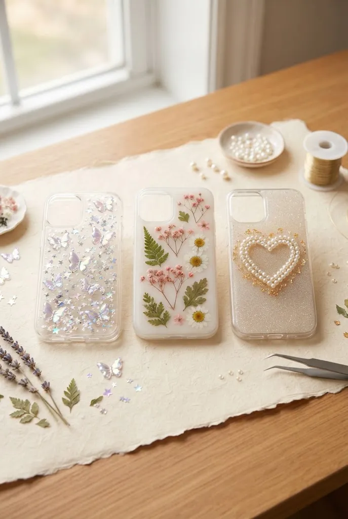 Y2K, cottagecore, and pearl heart DIY resin phone case designs.