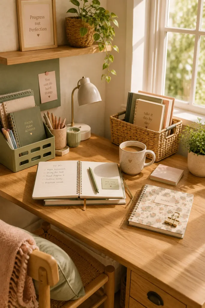 Cozy study space idea with wooden desk near a sunlit window