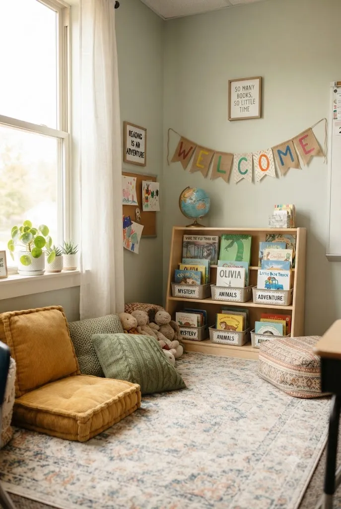 Cozy classroom reading corner with welcome banner